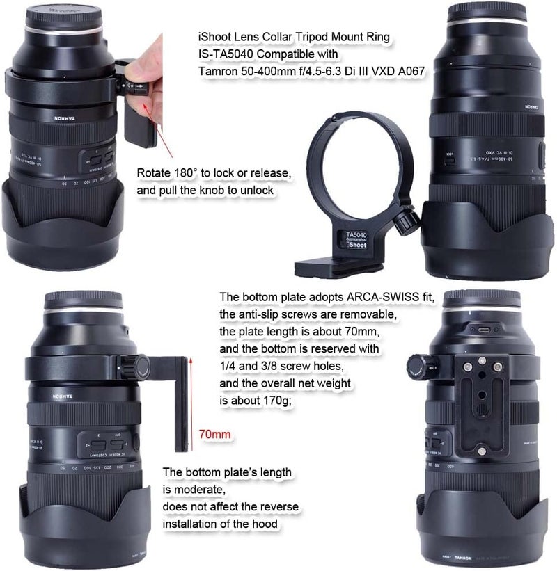 iShoot Tripod Mount Ring Lens Collar Compatible with Tamron 50-400mm f/4.5-6.3 Di III VXD A067, Lens Support Holder Bracket Bottom is Arca-Swiss Fit Quick Release Plate Dovetail Groove - Image 4